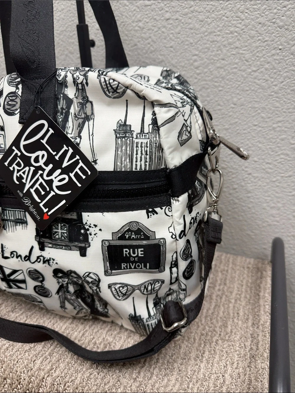 Brighton Black & White Jetsetter Travel Satchel with Paris & London Print